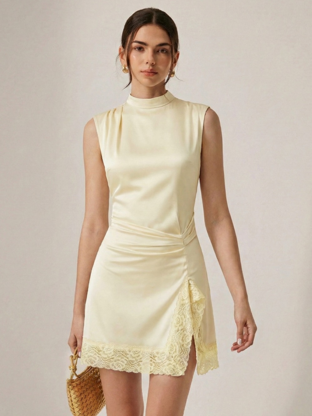 Commense Lace Trim Satin Sleeveless Mini Dress Butter Yellow Apricot NEW Medium